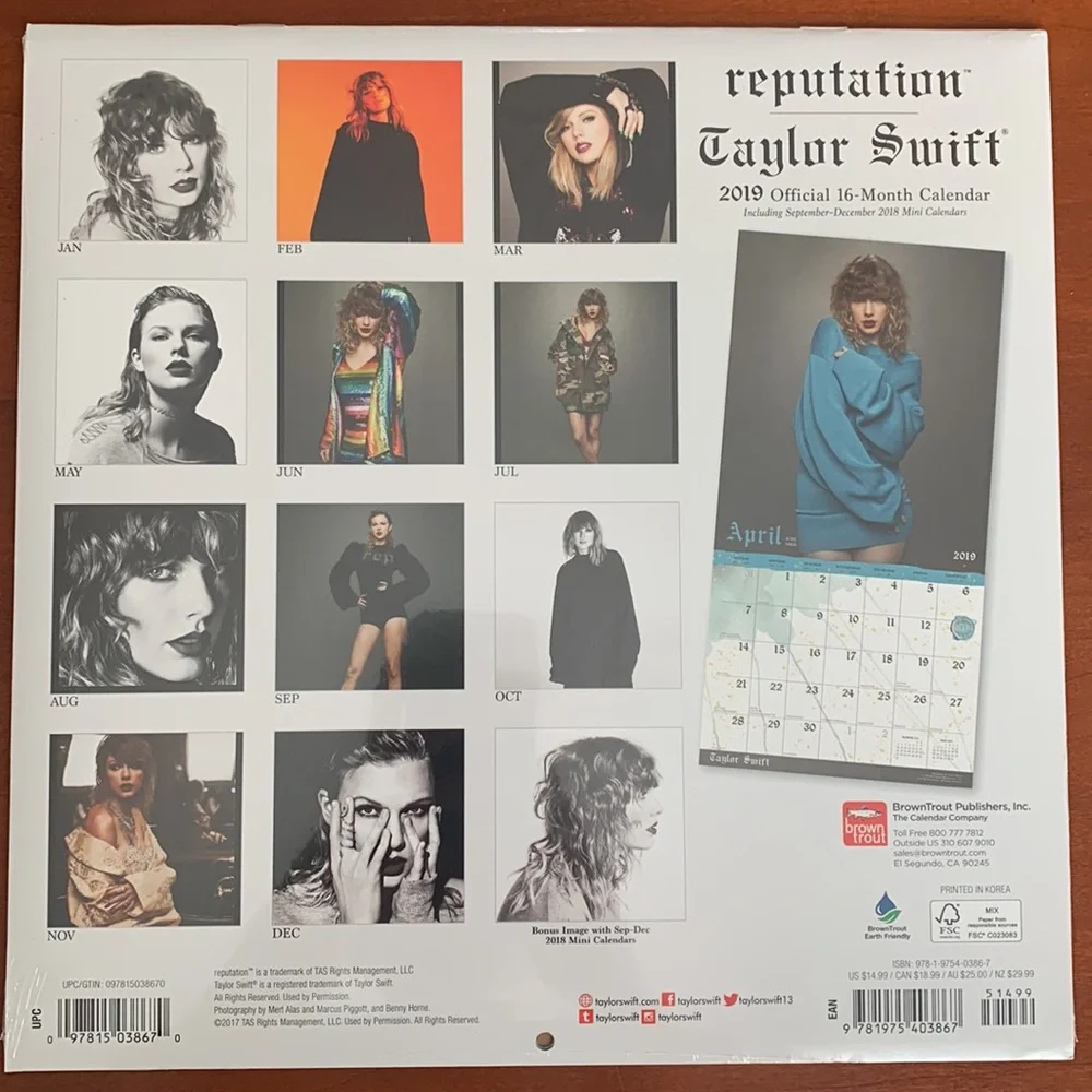 Reputation Taylor Swift 2019 Official 16-Month Calendar